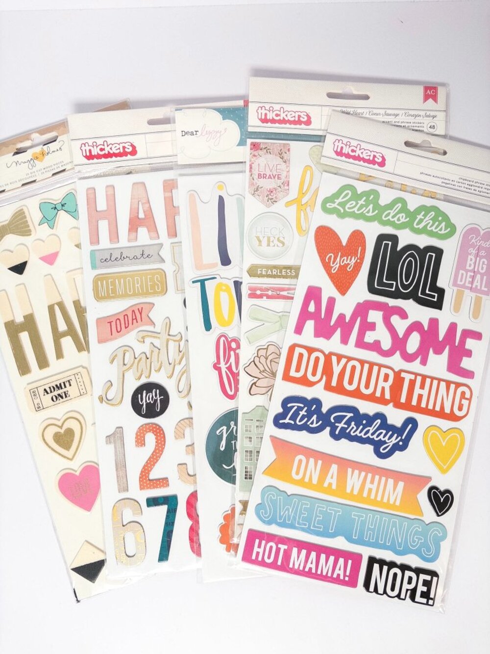 Lot of 5 sticker sets - 4 chipboard Thickers and 1 wood